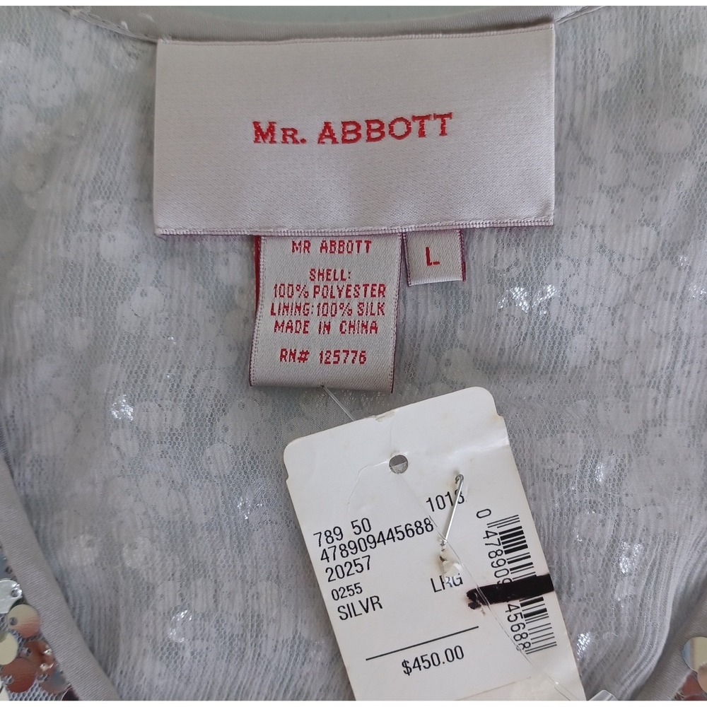 Mr Abbott Silver Sequin Silk Lined Mini Dress V-Neck Racerback L NWT $450 - Picture 2 of 11